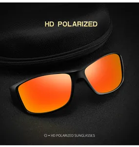 Close-up of HD polarized sports sunglasses with orange mirrored lenses and black case.