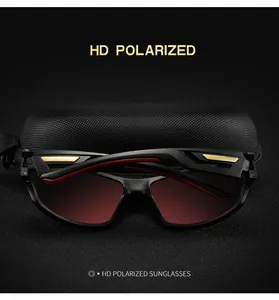 Close-up of HD polarized sports sunglasses with a black protective case
