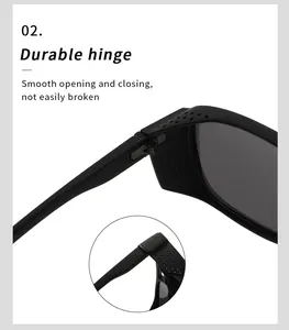 Detail of durable hinge on matte black polarized sports cycling sunglasses