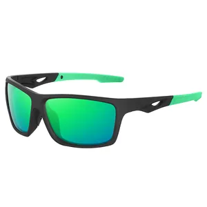 Close-up detail of polarized sports sunglasses featuring green mirrored lenses