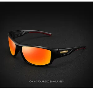 Detailed view of men's matte black polarized sports sunglasses with red lenses