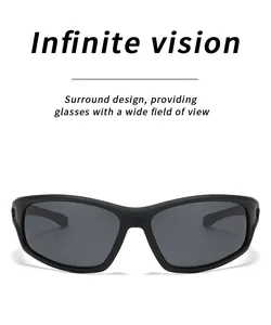 Front view of matte black polarized sports sunglasses with a surround design for wide vision