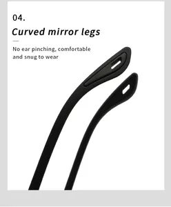 Close-up of curved temple tips on black cycling sunglasses for ergonomic comfort