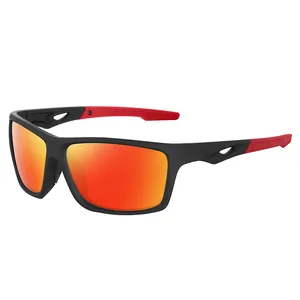 Close-up of polarized sports sunglasses with red mirrored lenses and black frame