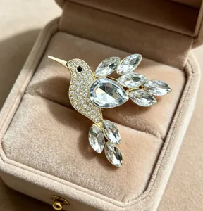Elegant close-up of a hummingbird brooch with clear crystal rhinestones in a beige gift box