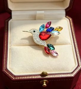 Close-up detail of a colorful hummingbird brooch with crystal rhinestones in a red gift box
