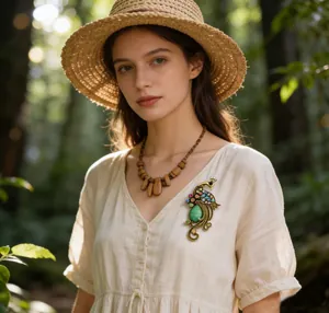 Detailed view of an elegant vintage peacock brooch with colorful rhinestones on a linen dress