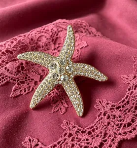 Primer plano detallado de un broche de estrella de mar vintage con pedrería en encaje rosa