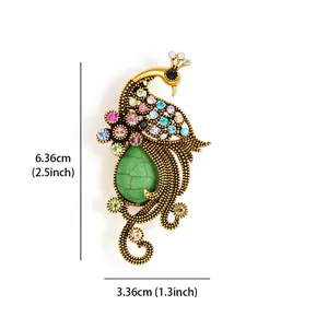 Macro view of vintage peacock brooch with colorful rhinestones and turquoise stone detail
