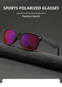 Close-up detail of retro sports sunglasses with polarized red lenses and UV protection.
