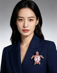 Gros plan d'une élégante broche tortue en cristal rose sur un blazer bleu marine professionnel
