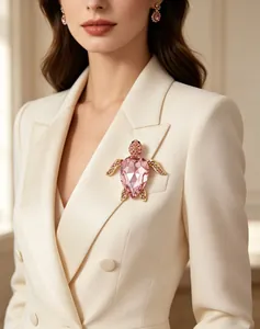 Détail élégant d'une broche tortue ornée de cristaux roses sur un blazer crème