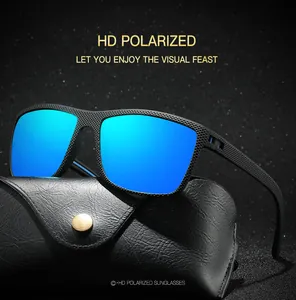Detailed view of blue polarized sport sunglasses resting on a textured black leather case