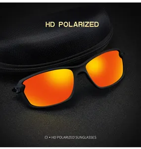 Detail view of HD polarized sports sunglasses with vibrant orange mirrored lenses and case