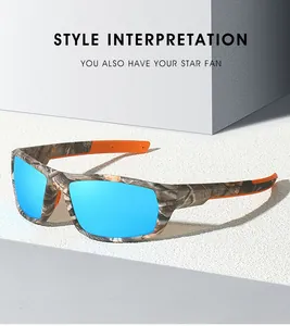 Vue détaillée de lunettes de soleil sport camouflage avec verres réfléchissants bleus.