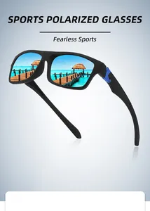 Polarized sports sunglasses with square frame and blue lens reflection for outdoor activities.