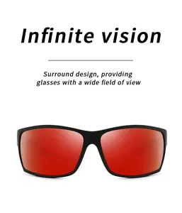 Detail view of polarized sports sunglasses with red mirror lenses and black frame