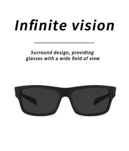 Close-up of classic black square sunglasses with polarized lenses for outdoor sports.