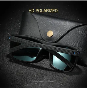 Detailed view of black HD polarized sport sunglasses with blue lenses and leather case