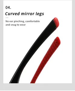 Macro detail view of curved sunglasses temples with red non-slip comfortable padding