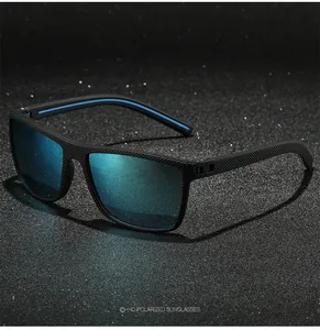 Premium detail view of blue mirrored polarized sunglasses with textured black frame