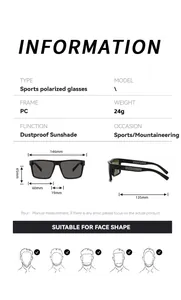 Detailed technical specifications and measurements for men's polarized sports sunglasses.