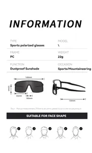 Detailed specifications and dimensions for photochromic polarized sports cycling sunglasses