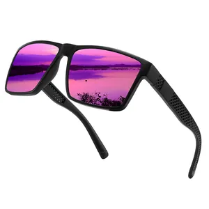 Detail of men's outdoor sports sunglasses featuring purple mirrored polarized lenses.