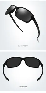 Detailed front and back views of black polarized sports sunglasses for outdoor activities.