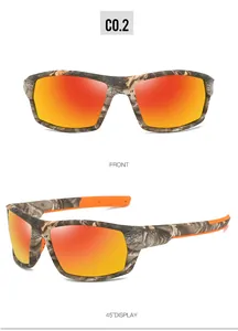 Lunettes de soleil de sport polarisées camouflage avec verres miroirs orange, deux vues.