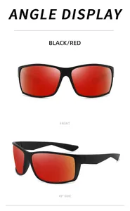 Multi-angle display of black and red polarized sports sunglasses for cycling.