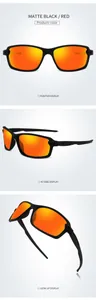 Sporty matte black sunglasses with orange-red mirrored lenses shown in various angles