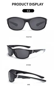 Multiple views of black polarized sports cycling sunglasses for outdoor activities.