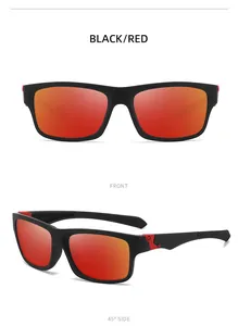 Black polarized sports sunglasses with red lenses shown from front and side views