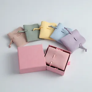 Multicolor microfiber drawstring jewelry pouches with a pink drawer gift box set