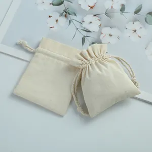 Beige Brushed Cotton Linen Drawstring Bag For Jewelry Packaging Small Gift Storage Pouch With Ruffle Edge For Wedding Party