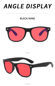 Detail view of retro black sunglasses with red lenses from front and side angles