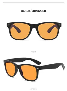 Front and 45-degree side views of vintage black frame sunglasses with orange lenses