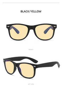 Front and side views of vintage black gaming glasses with yellow anti-blue light lenses.