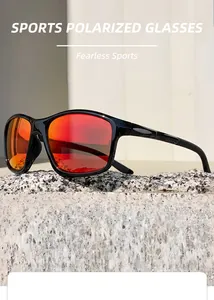 Detailed macro shot of black sports sunglasses with red polarized mirrored lenses