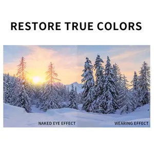 Comparación entre ojo desnudo y efecto de lente con colores vivos en la nieve.