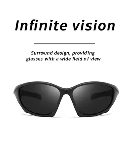 Detail of black polarized sports sunglasses with wrap-around infinite vision design