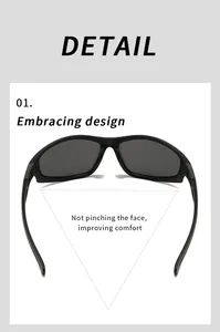 Detail of black sports sunglasses featuring an ergonomic embracing design for comfort.
