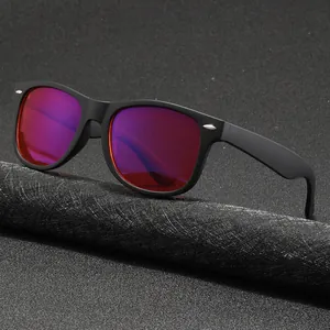 Classic retro matte black square sunglasses with red anti-blue light protective lenses
