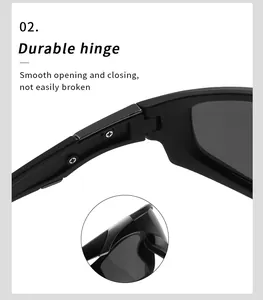 Close-up showing the durable hinge design of these black square sport sunglasses.