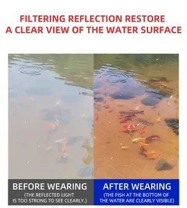 Comparison showing polarized sunglasses filtering water reflections for clearer fishing
