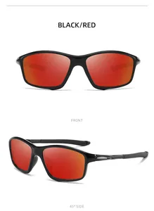 Professional polarized sports sunglasses in black and red showing front and side views.