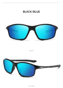 Polarized sports sunglasses with black frame and mirrored blue lenses, front and side views.