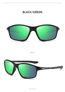 Black frame sports polarized sunglasses with green lenses front and side view.
