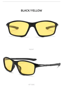 Detailed front and 45-degree side views of black sports sunglasses with yellow polarized lenses